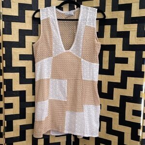 Tan and white eyelet fabric dress, size Medium